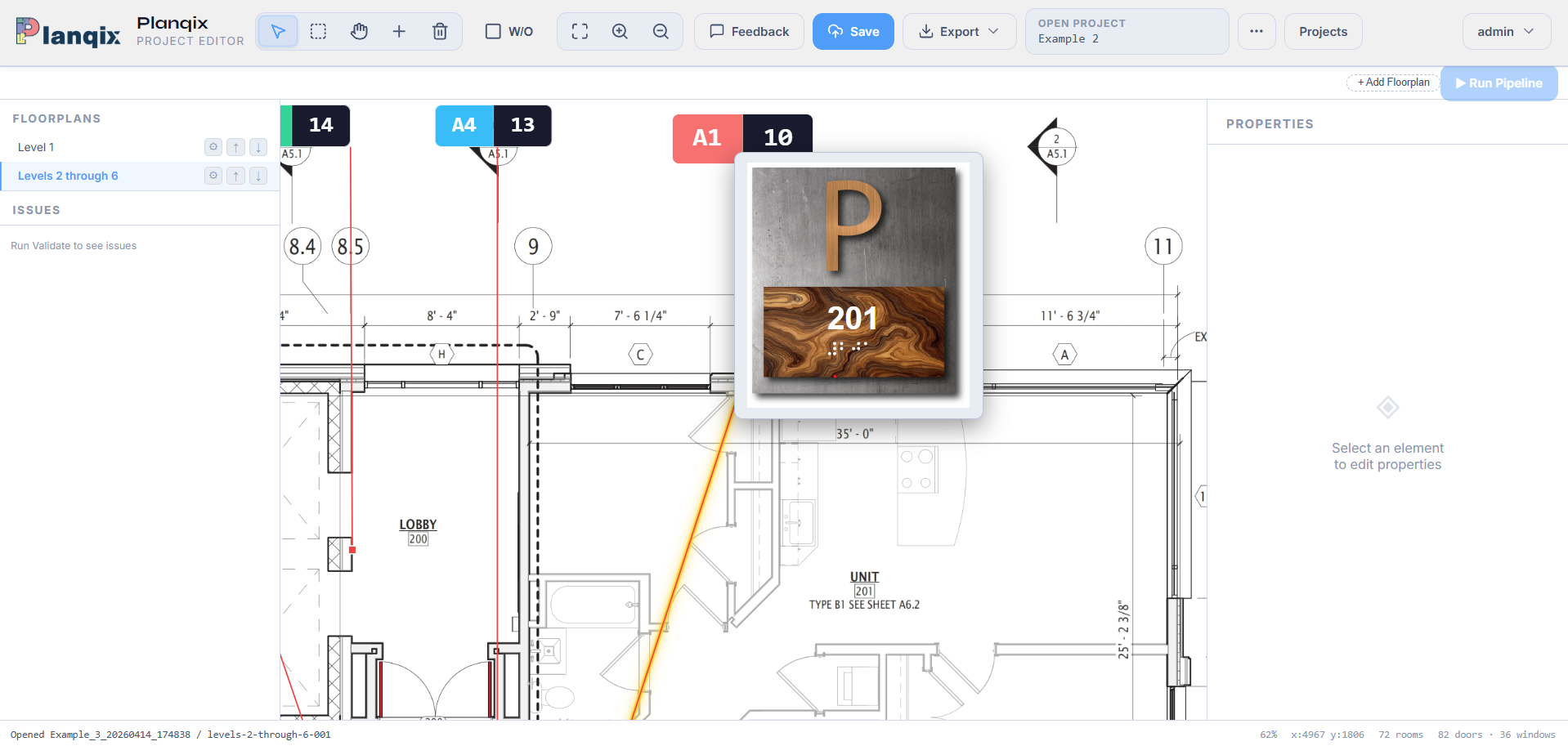The Planqix editor showing a floor plan with numbered sign locations placed on it and the sign properties panel open