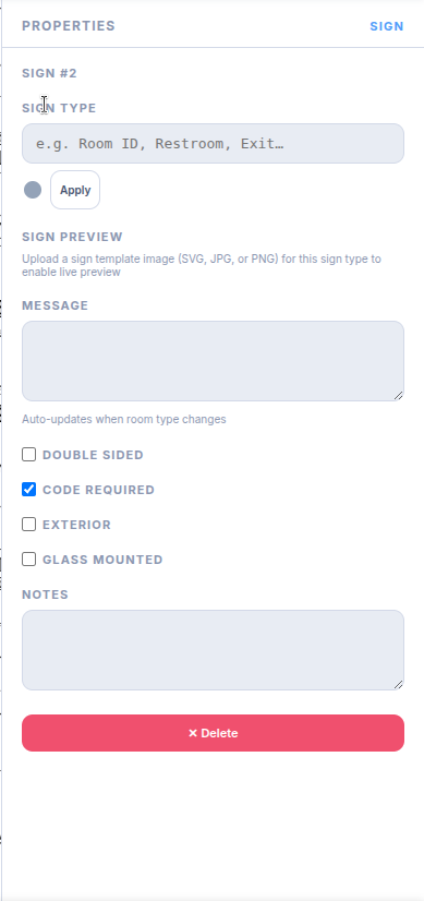 The Properties panel with a custom sign type typed in and the Add to permanent sign types checkbox visible below it