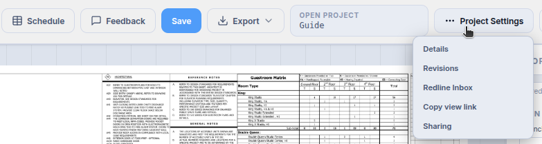 The Project Settings menu open showing Details, Revisions, Redline Inbox, Copy view link and Sharing