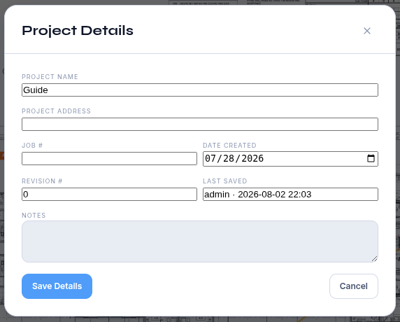 The Project Details dialog with name, address, job number and date fields filled in