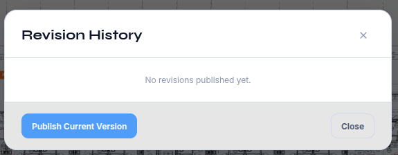 The Revision History dialog before any revision has been published