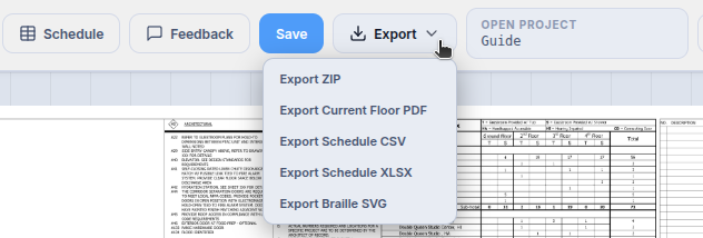 The Export menu open showing ZIP, DXF, Schedule CSV, Schedule XLSX and Braille SVG options