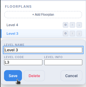 The Floorplans sidebar list with the edit popover open showing label and level fields