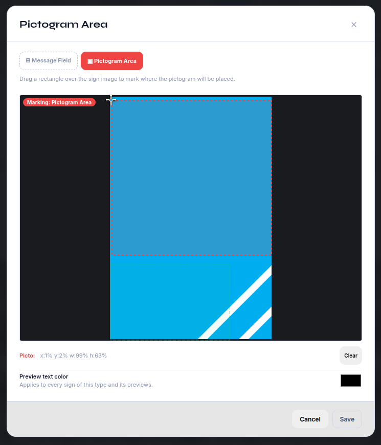 The field picker switched to the Pictogram Area tab with a blue rectangle marking the pictogram position