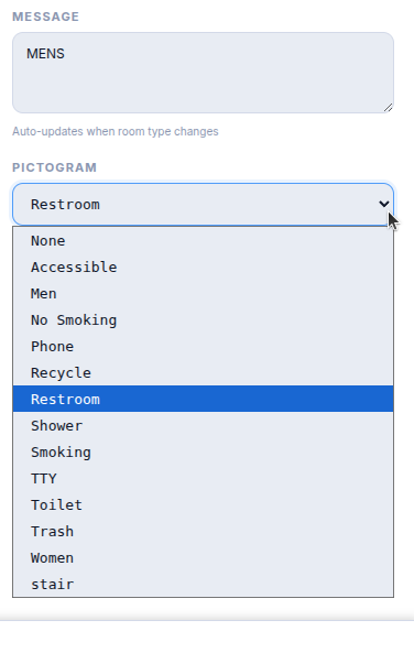 The Pictogram dropdown in the Properties panel with the finished sign preview showing artwork, pictogram, message and braille together