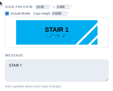 The Include Braille checkbox and Copy height input above the sign preview