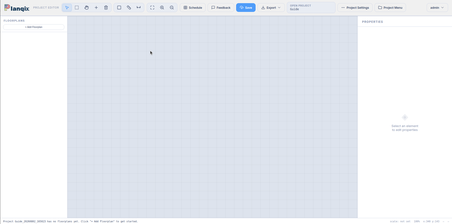 The Planqix editor with the toolbar, floor plan bar, left sidebar, canvas, Properties panel and status bar all labeled