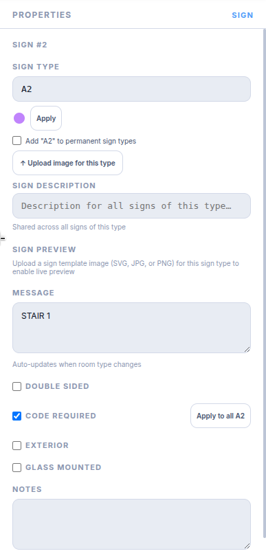 The Message field filled in on the Properties panel for a selected sign