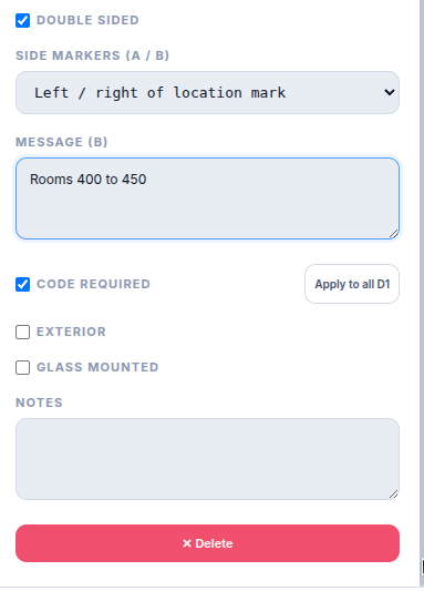 The Code Required, Exterior and Glass mounted checkboxes and the Notes field in the Properties panel
