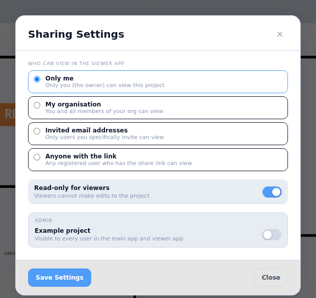 The Sharing Settings dialog showing the four viewer permission options and the read-only toggle