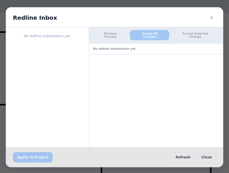 The Redline Inbox showing a submission with the preview and accept controls