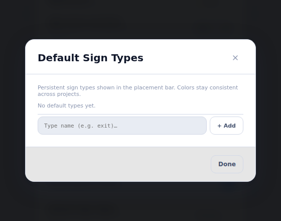 The Default Sign Types window before any types have been added