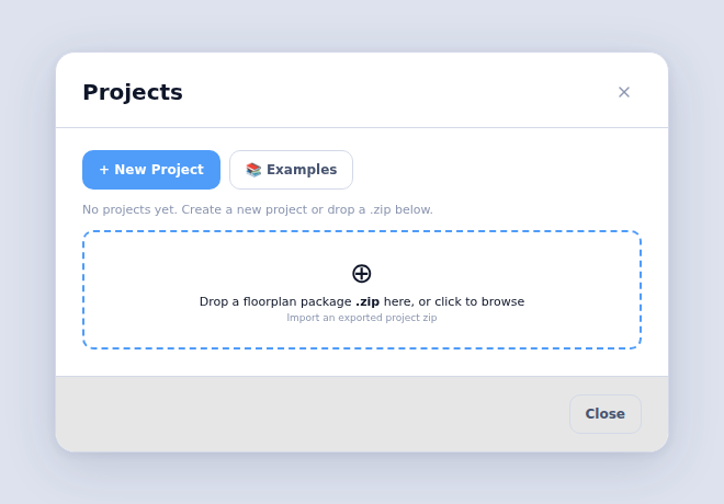 Projects window with the New Project button, Examples button, project list, and zip import drop zone
