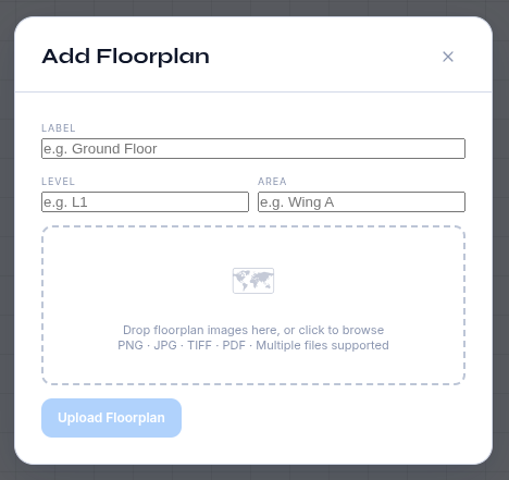 Add Floorplan dialog showing the Label, Level and Area fields above the file drop zone