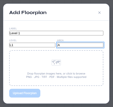 Add Floorplan dialog with a file selected and the Upload Floorplan button enabled