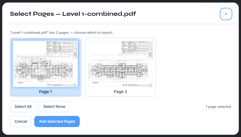 Select PDF Pages dialog showing a grid of page thumbnails with several selected