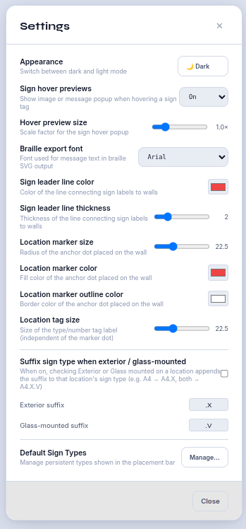 The Settings panel showing appearance, hover preview, braille font, leader line and marker size options