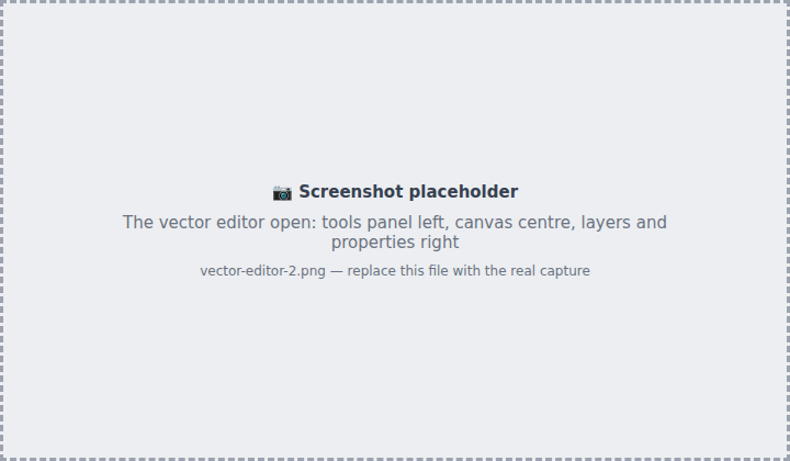 The vector editor open on a sign template: drawing tools on the left, the sheet in the middle, layers and properties on the right