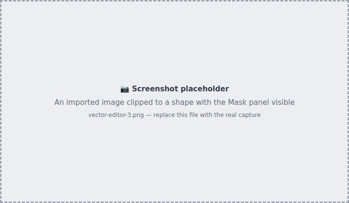 The editor after applying a clip mask, with an imported image cropped to a rounded rectangle